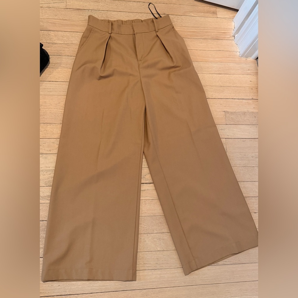 Commense Beige/Khaki Elastic-Waist Wide-leg Trousers-Medium